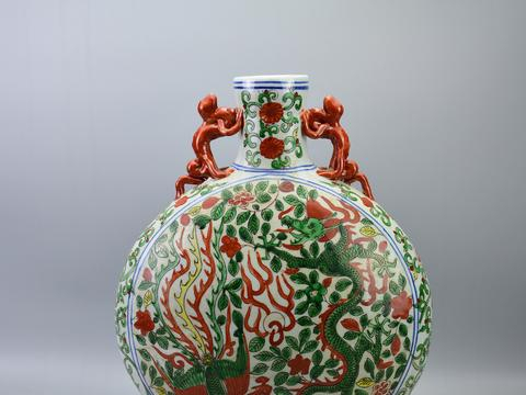 明萬歴時代　【大明萬歴年製】在銘　五彩祥瑞唐花龍鳳文壺　紅綠彩花瓶(E-98) 明萬歴時代 【大明萬歴年製】在銘 五彩祥瑞唐花龍鳳文