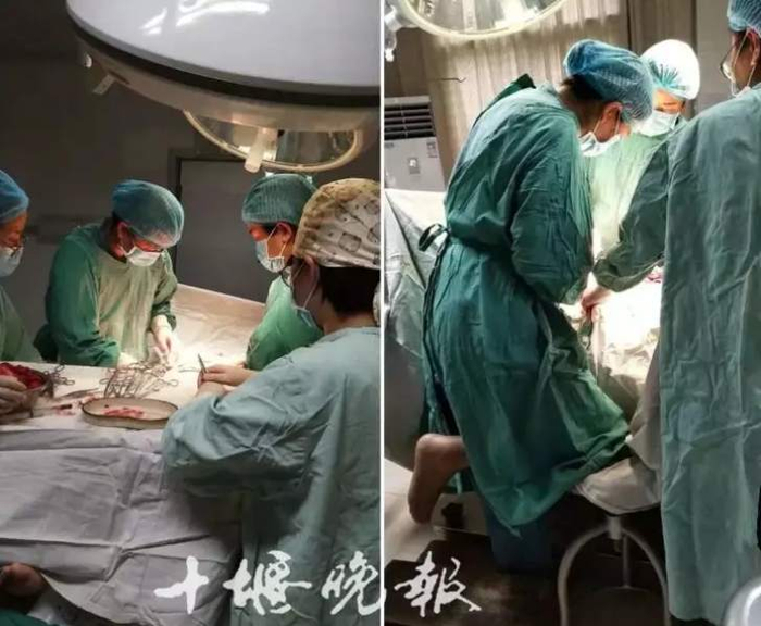 因为右腿疼得颤抖，护士给她拿来凳子垫上