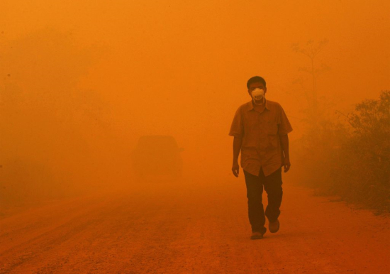 　　印尼廖内省，戴着口罩行走在雾霾中的男子，附近就是燃烧的泥炭地。马来西亚周三遭遇近八年最严重的污染，整座城市笼罩在浓烟中，学校、机场和港口全部关闭。