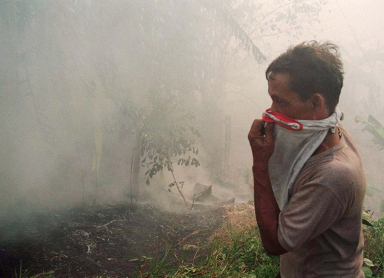 　　4月3日，印尼东加里曼丹省巴厘巴板内陆约40公里处燃起丛林大火，一名男子捂住口鼻。东加里曼丹省很多地方，火势都已经失控，烧毁了数千公顷林地，使得能见度降低到100米以下。