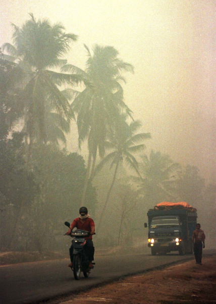 　　10月2日，中苏门答腊省一小镇，烟雾已经使白昼变成黑夜，能见度降低至200米，下午三时，一部卡车就打开了大灯。