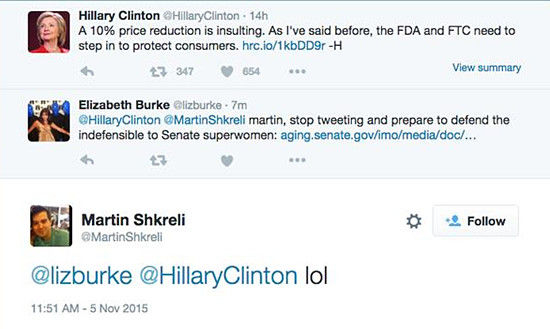 针对希拉里敦促其降价，史克雷利以“呵呵”回应的截屏。