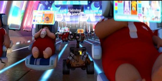 　　皮克斯动画工作室拍摄的《机器人总动员》的剧照。在这部动画片描绘的未来世界，人们因为过度依赖技术成为大胖子，失去了行走能力