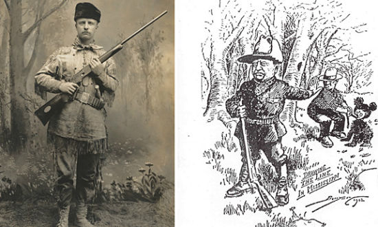 告诉你泰迪熊的由来：左为着猎装的老罗斯福；右为催生了泰迪熊的漫画。