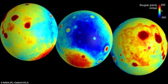 这些月球地图显示，月表由撞击引起的“布格”重力异常