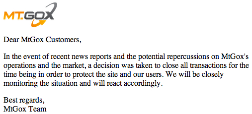 比特币交易平台Mt.Gox公开声明：暂停所有交易