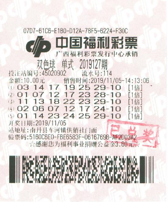 图为蓝先生（化姓）的中奖彩票