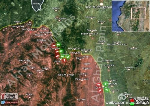 叙利亚政府联军也发动大反攻，分别在拉塔基亚的库尔德山（左）与加比平原（右）大战东突与基地组织