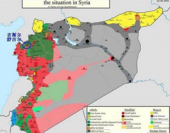 2015年初，东突与基地组织攻占吉斯尔舒古尔以前的叙利亚形势图