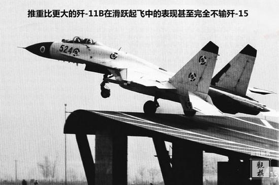 图为歼-11B重型战斗机在地面进行滑跃起飞测试的画面。