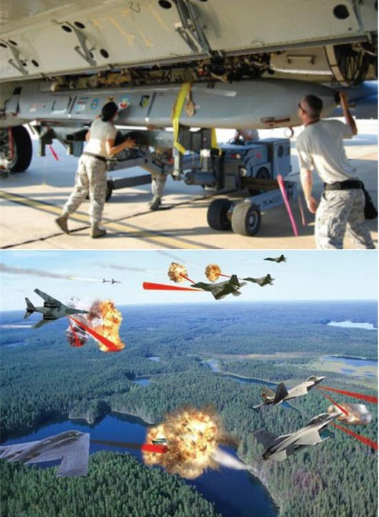 　　上图为采用高功率微波战斗部的AGM-86C空射巡航导弹；下图为DARPA的“高能液体激光区域防御系统”（HELLADS）