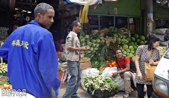 市场上摆放着面向中国人销售的蔬菜。埃塞俄比亚人身穿的上衣也印着中文。
