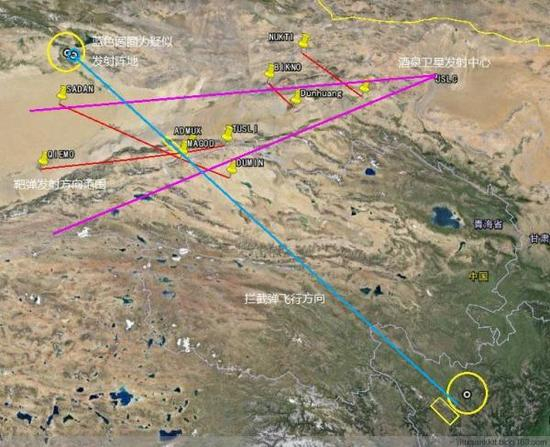 此前反导试验禁航区划设情况，可见靶弹从酒泉卫星发射中心升空