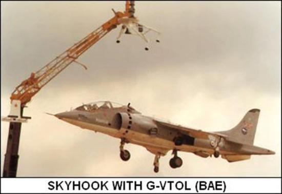 图片：一架鹞T MK2双座教练机正在进行“天钩”系统的测试，此时战机悬停在空中等待“天钩”的吊臂来抓取。