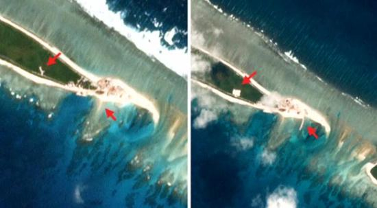 原文配图：路透社发布的卫星图片，显示西沙七连屿北岛上一些人工设施变化明显  