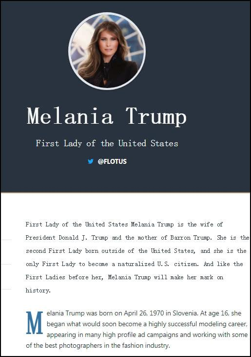 白宫网页上梅拉尼娅的个人介绍，出生于斯洛文尼亚