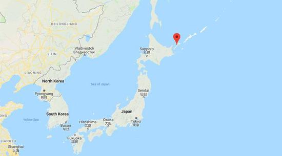 ▲国后岛的位置示意图，距离日本首都1200公里