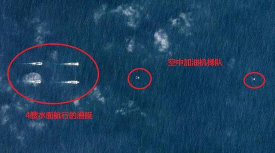 空中加油机梯队与4艘潜艇。