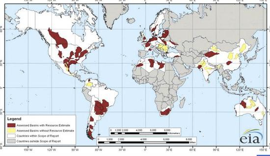 图注：美国能源部发布全球页岩气分布图，其中美国、加拿大和中国储量最多。