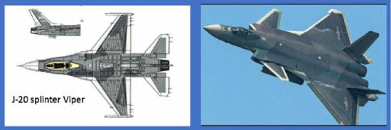 （美国空军假想敌部队将采用歼-20的“割裂”迷彩）