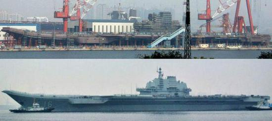 图为首艘国产航母和辽宁号的同角度对比图。