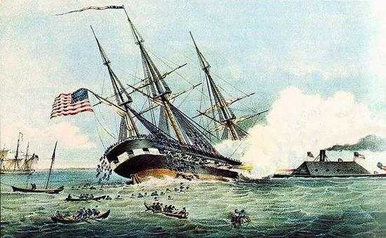 ▲被撞沉的联邦军“坎伯兰”号