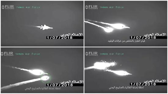 　　△由Ultra 8500光电监视系统拍摄的导弹拦截沙特F-15画面，爆炸后在飞机上方产生大量碎片，但飞机本身似乎仍正常飞行