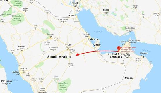 ■阿联酋空军战机原先飞往沙特空军基地需要经过卡塔尔东南的国际空域