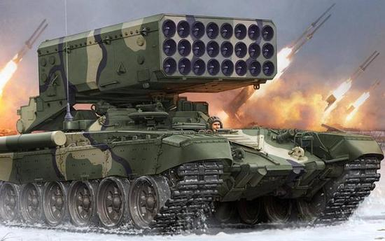 　TOS-2喷火坦克的射程在400~3500米之间，可以单发发射，也可以双发齐射，24管火箭在7.5秒内就可以发射完毕，对目标区域造成不亚于一枚小型核弹的巨大破坏！