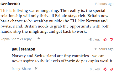 　　这种左翼言论就是危言耸听。实际上，只要英国还是个富裕国家，与美国的特殊关系就能维持下去。现在英国脱离欧盟就有了富起来的机会，像挪威和瑞士一样。英国人应该抓住这个机会，停止内斗，努力工作。——挪威和瑞士都是小国，我们的人均收入永远都达不到那个水平。