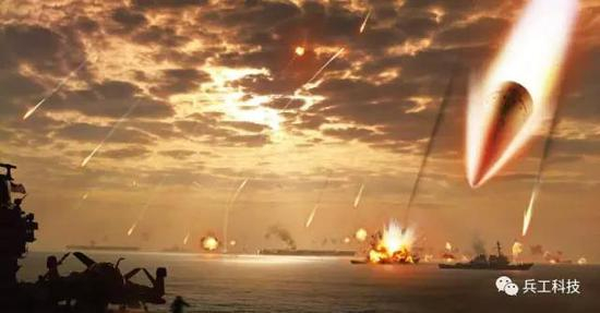 图注：想象中反舰弹道导弹对航母编队饱和打击的场景
