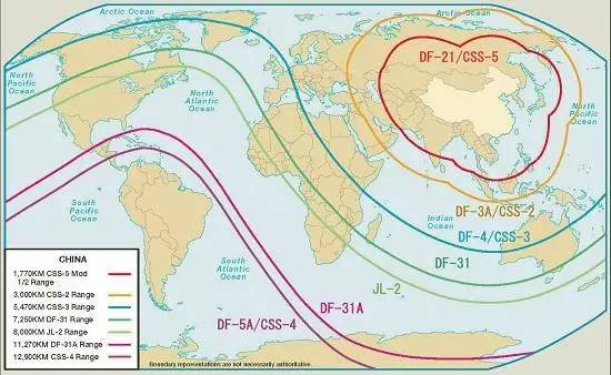 外媒猜测的中国部分弹道导弹的打击范围