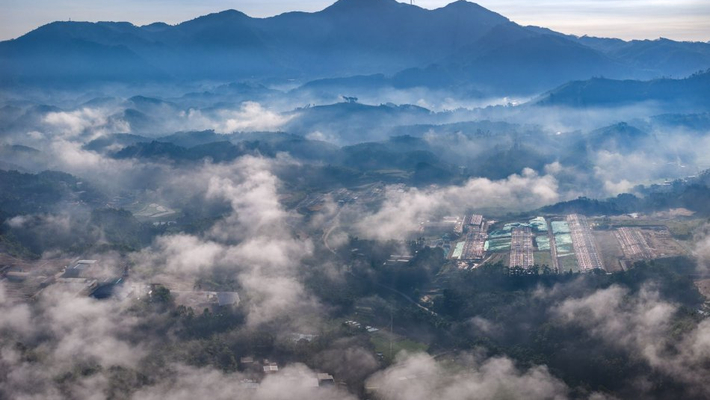 南宁：乡村清晨雾气氤氲环绕群山