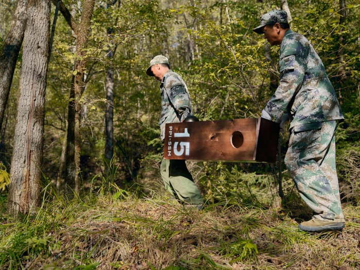  護區工作人員正將人工巢箱搬運進森林。 ? Rolex/Zhezhou Fu
