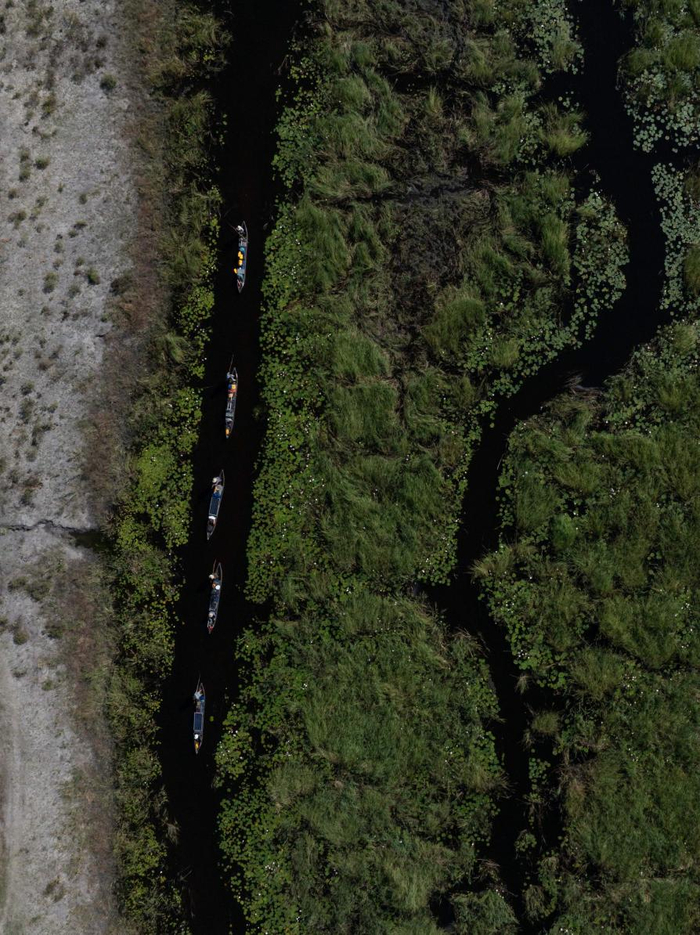 　　“非洲大脊梁”（Great Spine of Africa）考察团队沿博茨瓦纳林扬堤河（Linyanti River）顺流而下的航拍图。通过提供西方科学依据，以印证有关赞比西河源头的传统知识，史蒂夫·博伊斯（Steve Boyes）得以为该地区争取应有的保护。 ©The Wilderness Project/James Kydd