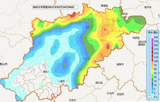 杭州市7月25日20时-26日06时累计雨量