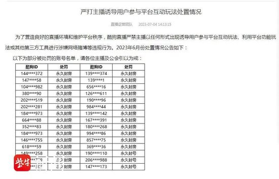 图为酷狗曾发布严打主播诱导用户参与平台互动玩法处置通报