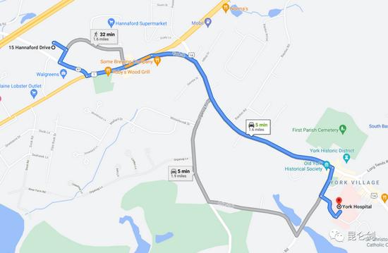 地图显示,美国缅因州约克县医院距离海贝公司不到1.6英里(2.6公里)