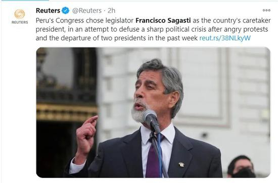 朗西斯科·萨加斯蒂当选秘鲁临时总统。/&nbsp;路透社报道截图