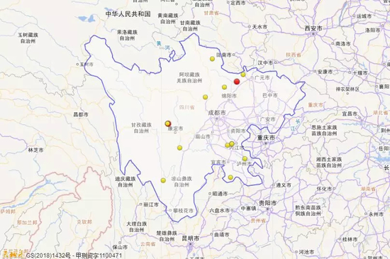 2018年1月1日到3月31日四川三级地震活动分布图（四级以上红色标注）