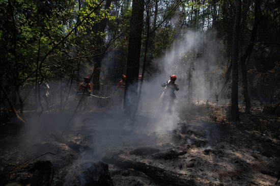 4月1日，四川省森林消防总队队员用水扑灭余火和烟点。新华社记者 江宏景 摄