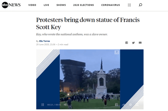  ABC：示威者拉倒弗朗西斯·斯科特·基雕像