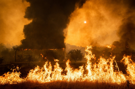 　　▲L.N.U。闪电综合体引发的湾区四县大火造成了105栋房屋被毁，70余栋受损，2000多座建筑受到威胁 图据《纽约时报》