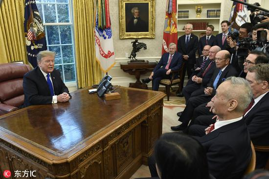 美国总统特朗普在白宫椭圆形办公室会见刘鹤（图片来源：东方IC）