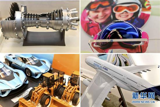 这是在万华烟台工业园展厅里展示的万华高分子材料在不同领域产品上的应用（拼版照片 ，4月30日摄）。新华社记者 郭绪雷 摄