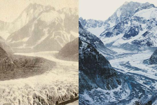 法官总统马克龙在推特上发布的勃朗峰冰川消融对比照片（图源：西班牙《国家报》）