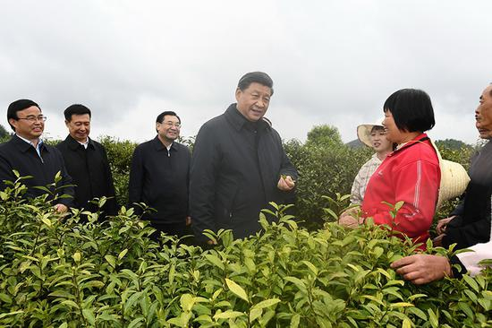 　　▲2020年4月21日，习近平在陕西省安康市平利县老县镇蒋家坪村女娲凤凰茶业现代示范园区，同茶农们亲切交谈。