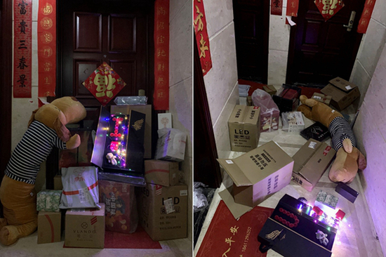 小武给女友送礼物（左），结果被女友都扔到楼道里。