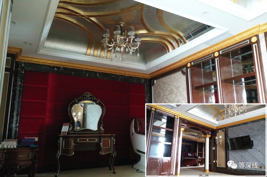 1号套房与上海红楼中的其他客房的最大不同是，该房间的床头靠背所在墙体，为暗红色软包色块，其他房间要么为土金色，要么是有诱惑性的蓝紫色、浅紫色，暗红色在该楼的目标客户群体中，有特殊含义，暗显尊贵。（右下角小图为该房间入口处及电视墙，电视机只有42寸，但可转动并向前探出40厘米） &nbsp; &nbsp; &nbsp; &nbsp; &nbsp; &nbsp;《等深线》记者&nbsp;程维 摄