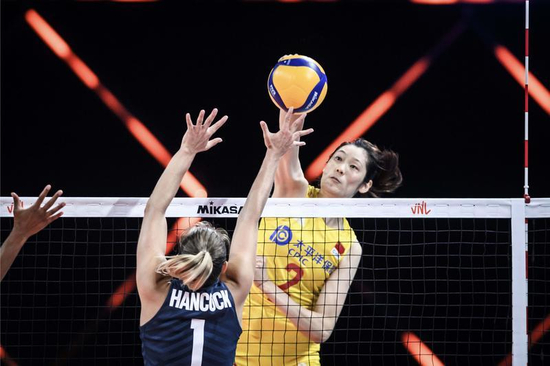 　　■&nbsp;中国女排20日晚在意大利里米尼进行的世界女排联赛第一阶段循环赛最后一轮比赛中，3比0完胜此前14连胜的美国队，以七连胜结束本次比赛征程。上图为朱婷扣球